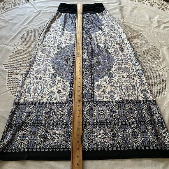 B Design Maxi Skirt Ruched Waist Pull-On Stretch Geometric Size L Blue Cream - Picture 9 of 11